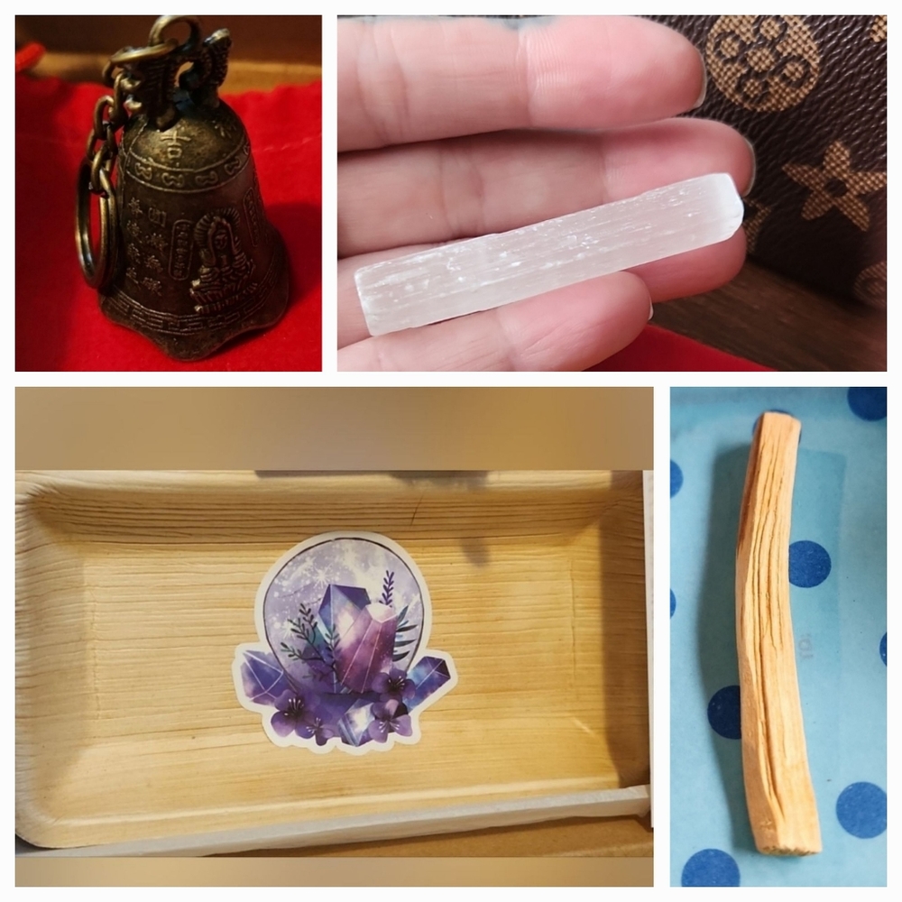 NEW Mini Meditation Set- Bronze Bell, Palo Santo Stick, Selinite Stone & Tray